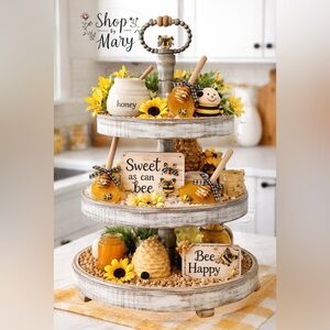 ⤵️Mini Wooden Honey Dipper set |Honey Bee Decor, Tiered Tray Bee, Bumble…